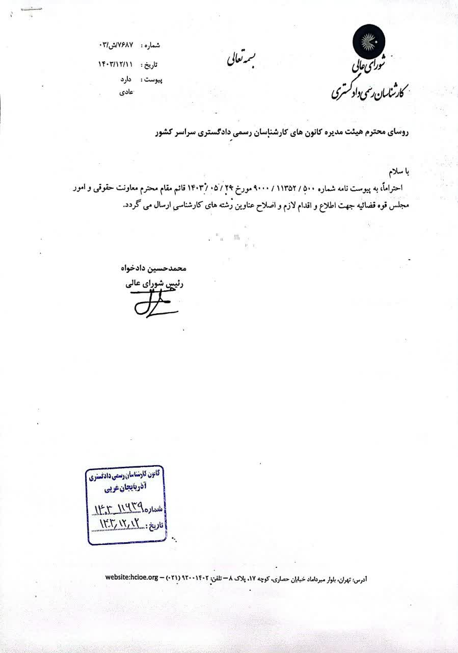 نامه شورای عالی - عناوین رشته های کارشناسی