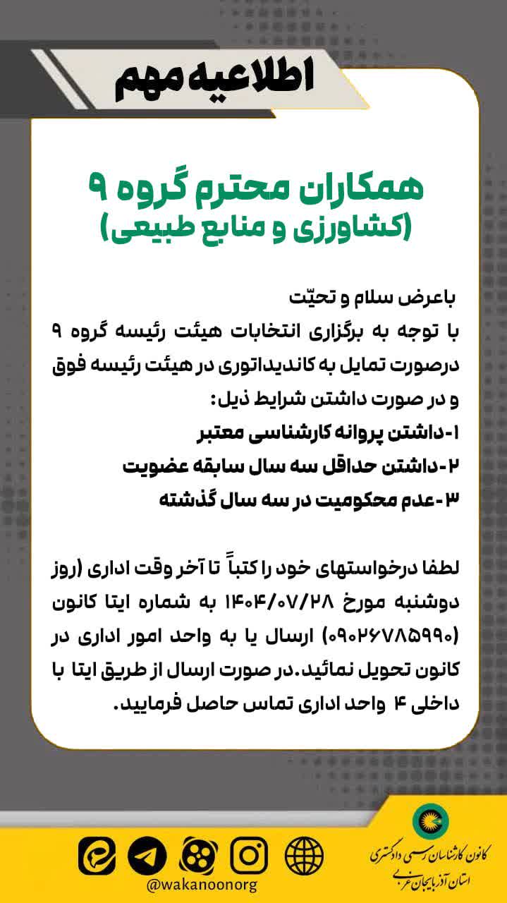 اعلام کاندیداتوری انتخابات هیئت رئیسه گروه کشاورزی و منابع طبیعی