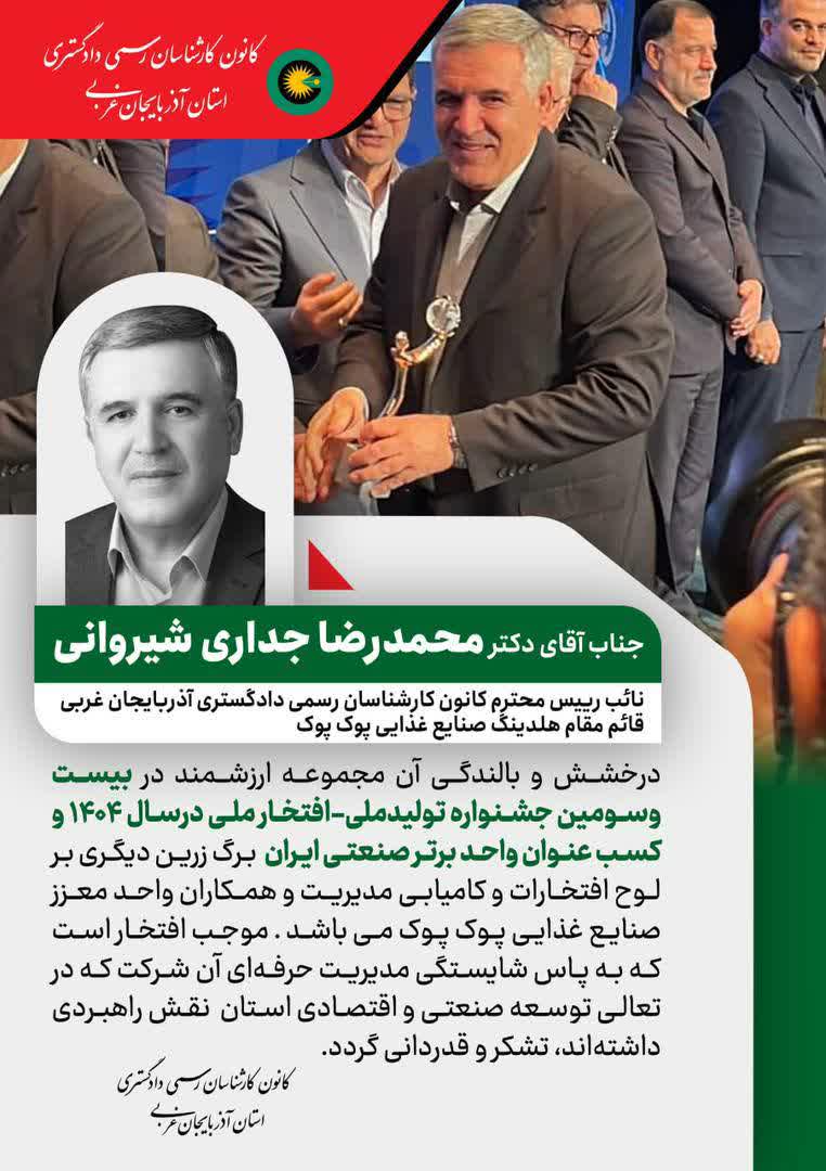 کسب عنوان واحد برتر صنعتی ایران در سال 1404 توسط جناب آقای دکتر محمدرضا جداری شیروانی