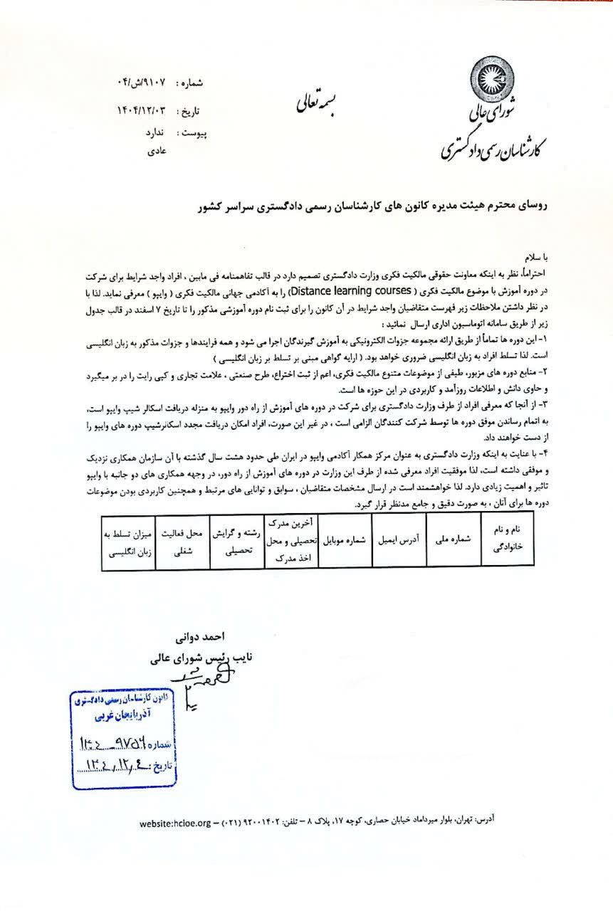 اطلاعیه شورای عالی جهت ثبت نام دوره آموزشی با موضوع مالکیت فکری